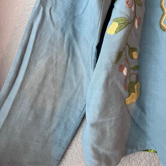 Mi Golondrina Mexico Embroidered Blue Yellow Floral Blouse Huipil Medium - Picture 7 of 8